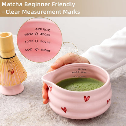 5pcs Premium Matcha Set,Ceramic Bowl with Spout and Bamboo Whisk set, Ceremonical Matcha Kit for breakfast/latte,Tea Starter Making Kit,Unique Matcha Gift set (pink love)