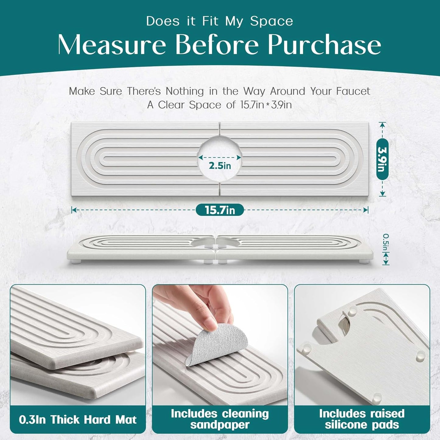 Eormoe Faucet Mat for Kitchen Sink – Diatomite Stone Drying Mat & Sink Protectors, Prevent Moisture – Sink Splash Guard Water-Absorbing Stone Tray for Bathroom Counter (Light Grey, 23.6" x 3.9")