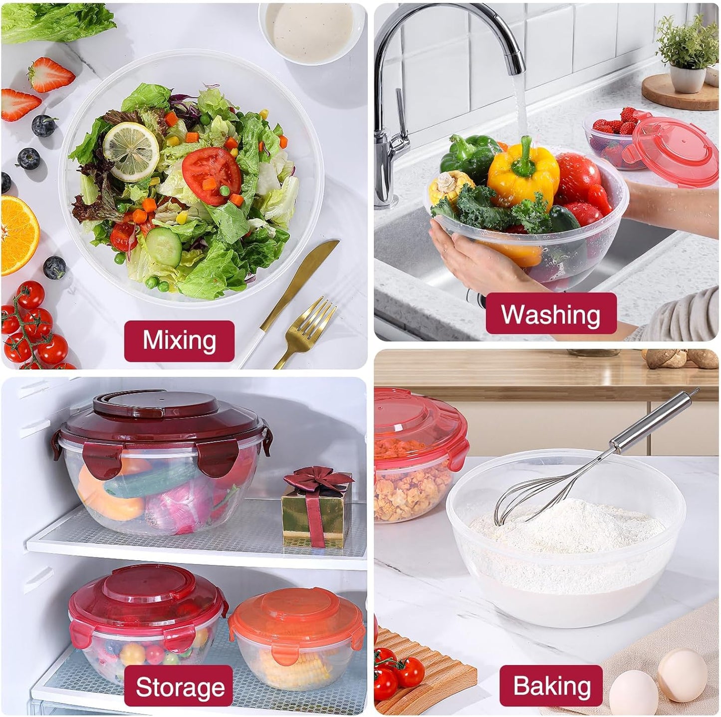 LUXEAR 14 Piece Mixing Bowls with Lids Set, Super Large(6.87-0.21QT) Plastic Nesting Bowls 6 Prep Bowls 6 Lids 2-in-1 Spoon-For Microwave Dishwasher Safe for Preparing Mixing Serving Storing