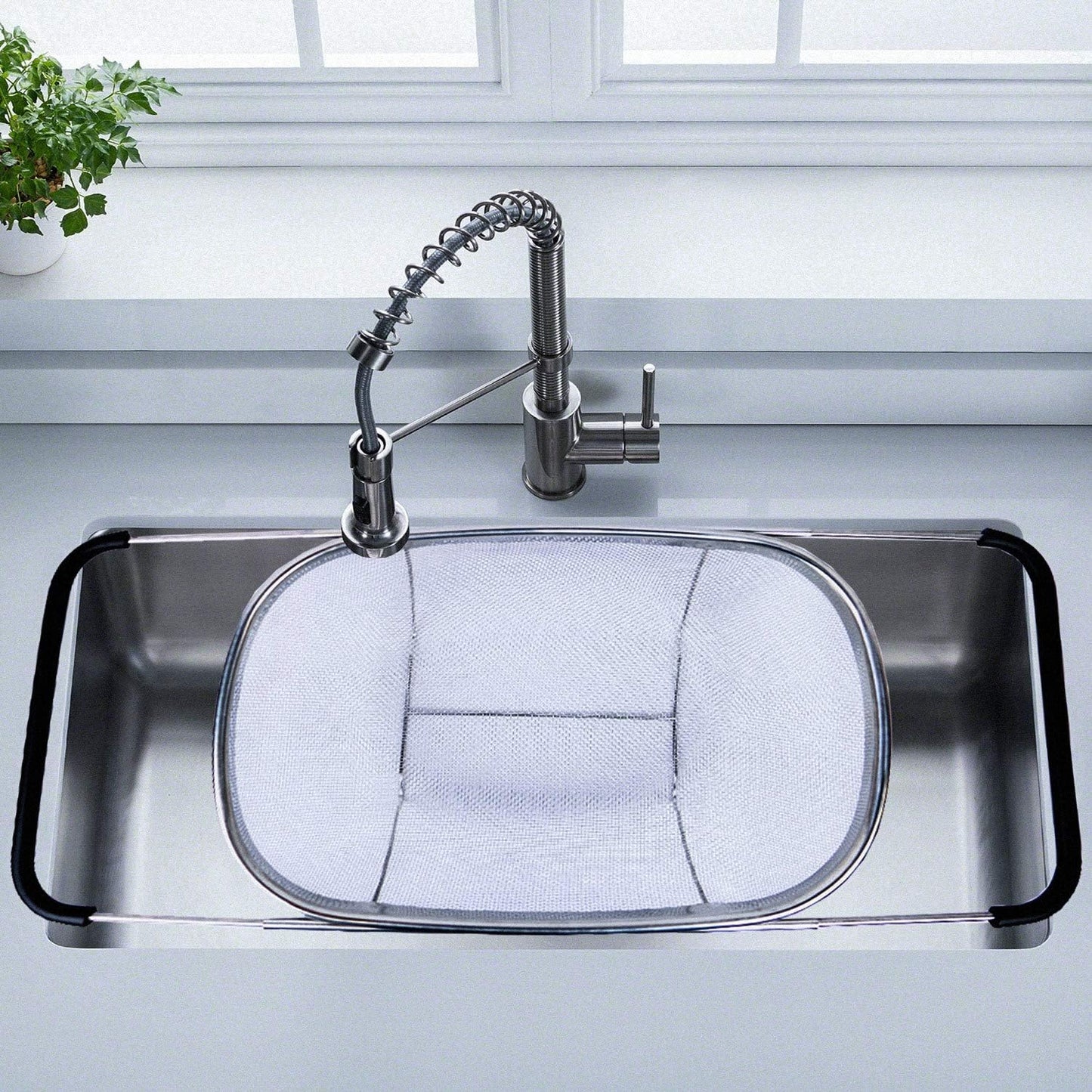 i Kito Over the Sink Colander with Expandable Rubber Grip Handles - Fine Mesh Oval Strainer in Stainless Steel -Drain, Rinse Fruits and Vegetables