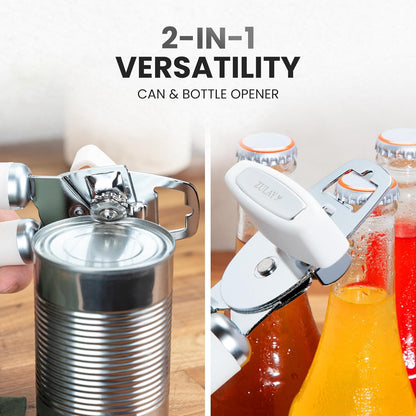 Zulay Kitchen Heavy Duty Stainless Steel Can Opener Manual with Bottle Opener - Rust Proof Manual Can Opener With Turn Knob & Comfy Soft Grip Handles - Black - Colors B