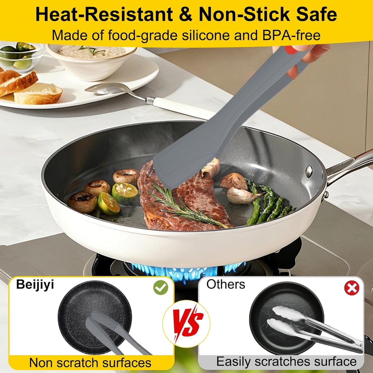 Beijiyi Kitchen Tongs for Cooking, 9" & 12" Set, Silicone Cooking Tongs with Silicone Tip for Nonstick Cookware, 600°F Heat Resistant, Stainless Steel Core, Great for Grilling and Serving Food (Black)