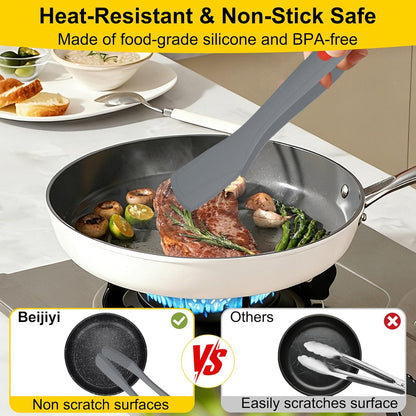 Beijiyi Kitchen Tongs for Cooking, 9" & 12" Set, Silicone Cooking Tongs with Silicone Tip for Nonstick Cookware, 600°F Heat Resistant, Stainless Steel Core, Great for Grilling and Serving Food (Black)