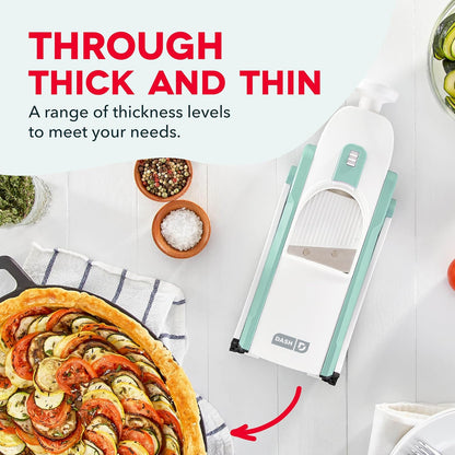 Dash Safe Slice® Mandoline - Compact, Foldable Food Slicer - Slice, Dice, Julienne & More - Perfect for Quick Food Prep - Recipe Guide Included - Aqua