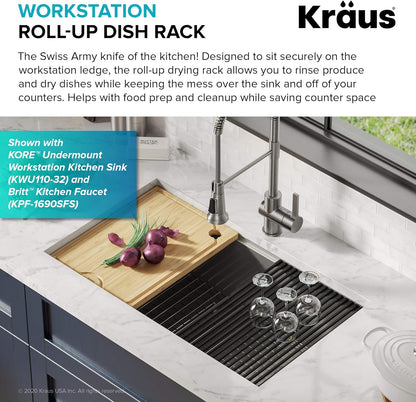 Kraus Multipurpose Workstation Sink Roll-Up Dish Drying Rack, Colander and Trivet in Yellow, KRM-11YL