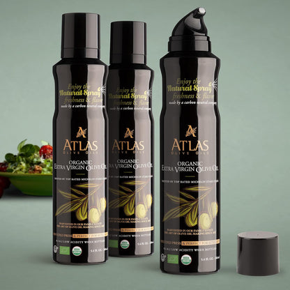 Olive Oil Spray by Atlas, Dual Function Olive Oil Cooking Spray and Stream, 5.4 fl oz, 3 Pack, Extra Virgin, Non Stick, Cold Pressed, Polyphenol Rich, Organic Moroccan EVOO, Hydroxytyrosol, Keto