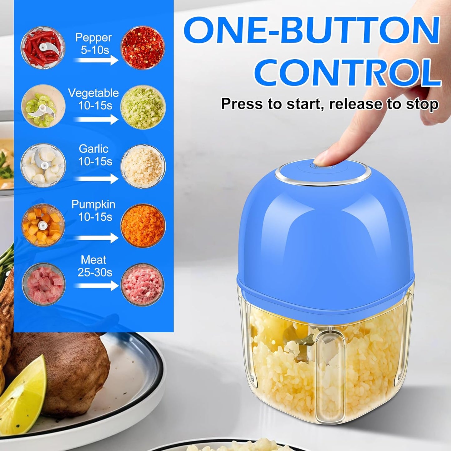 450ML (1.8 Cup) Electric Garlic Chopper, Mini Portable Food Processor, Garlic Grinder Masher for Onion, Ginger, Chili, Fruit, Vegetable, Meat