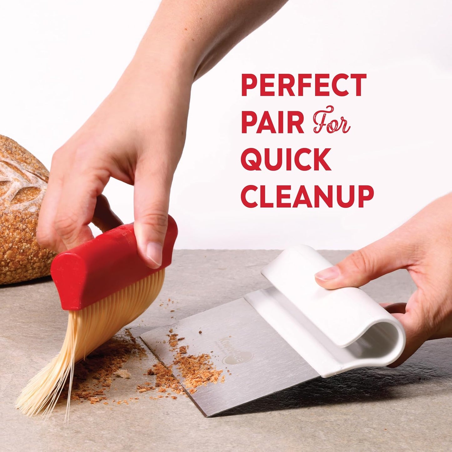 KneadAce Dough Scraper & Baker’s Brush Set. Stainless Steel Bench Scraper & Flour Cleaning Brush. Kitchen Tool for Pastry, Sourdough and Baking Prep Bread Dough Cutter, Gift For Bakers (White/Red)