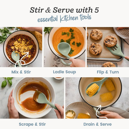 Starpack Stir and Serve Silicone Cooking Utensils Set (5-Piece, 11") - LFGB Non Toxic, 600°F Heat Resistant, BPA-Free - One-Piece Seamless, Dishwasher Safe - for Nonstick Cookware, Earthy Pink