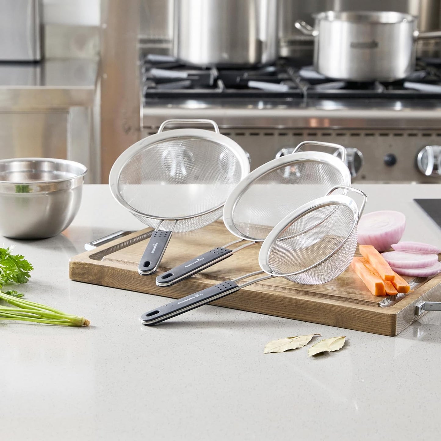 Restaurantware Fine Mesh Strainer Set of 3 Different Sizes with Silicone Handle Stainless Steel Extra Fine Mesh Strainer Heat-Resistant Handle Dishwasher-Safe for Rice, Quinoa, Pasta