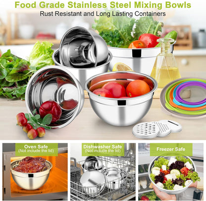 E-far Mixing Bowls Set of 5, Stainless Steel Salad Mixing Bowl with Transparent Lid, Metal Nesting Bowl Attach with 3 Graters for Kitchen Prepping/Serving/Baking/Storage, 4.6/2.6/1.5/1/0.7 QT - Khaki