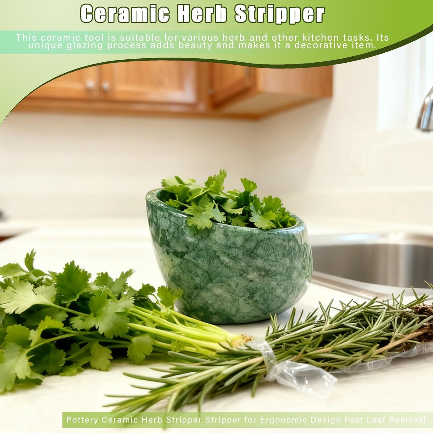 Herb Stripper Bowl, Pottery Ceramic Herb Stripper Stripper for Ergonomic Design Fast Leaf Removal (Green)