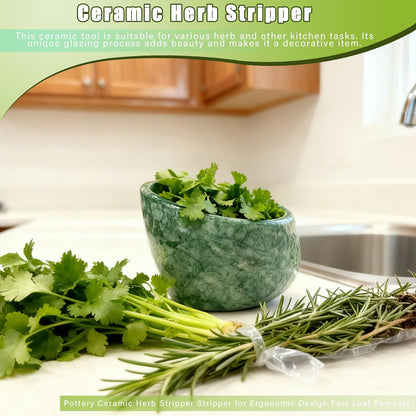 Herb Stripper Bowl, Pottery Ceramic Herb Stripper Stripper for Ergonomic Design Fast Leaf Removal (Green)