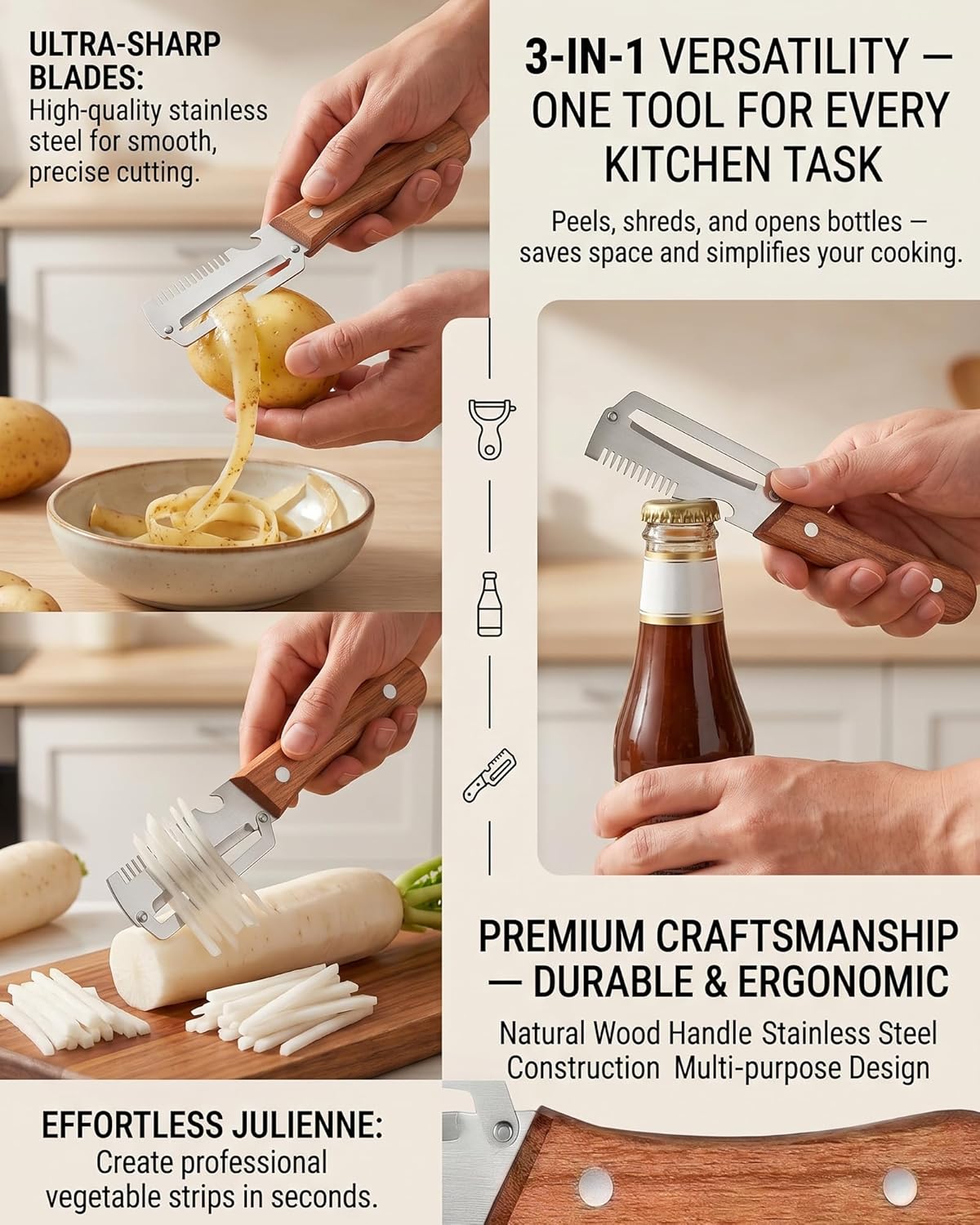 2 Pack Multi-Functional Stainless Steel Thickened Fruit Peeler Knife for Kitchen, Ultra-Sharp Blade with Wooden Handle and Bottle Opener, for Fruit Veggie that Need to Be Peeled
