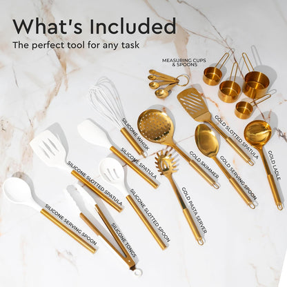 Gold Cooking Utensils with Measuring Cups and Spoons Set - 13-Piece Luxury Gold Kitchen Accessories Includes Metal Measuring Cups and Spoons for Baking, Cooking, and Elegant Kitchen Decor
