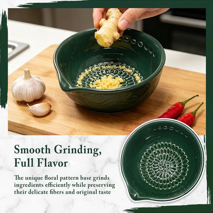 Ceramic Grater Bowl with Herb Stripper & Cleaning Brush, 3-in-1 Kitchen Tool for Garlic, Ginger & Vegetables, Easy to Clean Stripping Bowl for Kale, Rosemary, Thyme, and Basil, Dishwasher Safe-Green