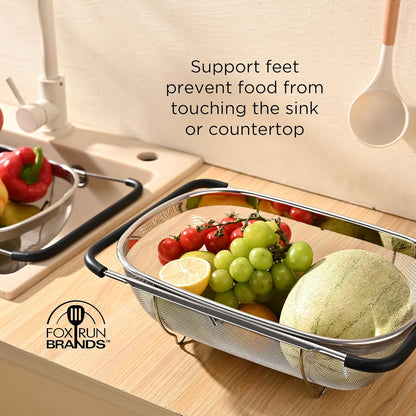 Fox Run Large Stainless Steel Colander With Extendable Handles, 4.76 Quart/4500 ml Over Sink Strainer With Support Feet, 9.75” x 14” x 4.5”