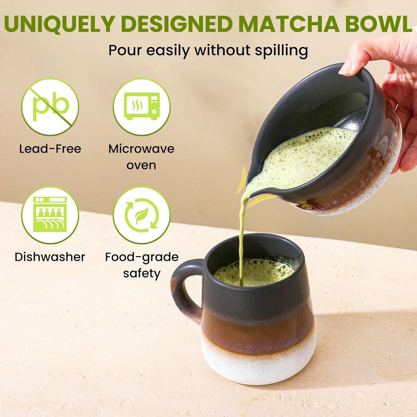 Matcha Whisk Set, Ceramic Matcha Kit Desert Style, Matcha Whisk and Bowl, Bamboo Scoop and Rest, Sifter and Tea Towel, 7 Pcs Gifts for Matcha Lover - Matte Black