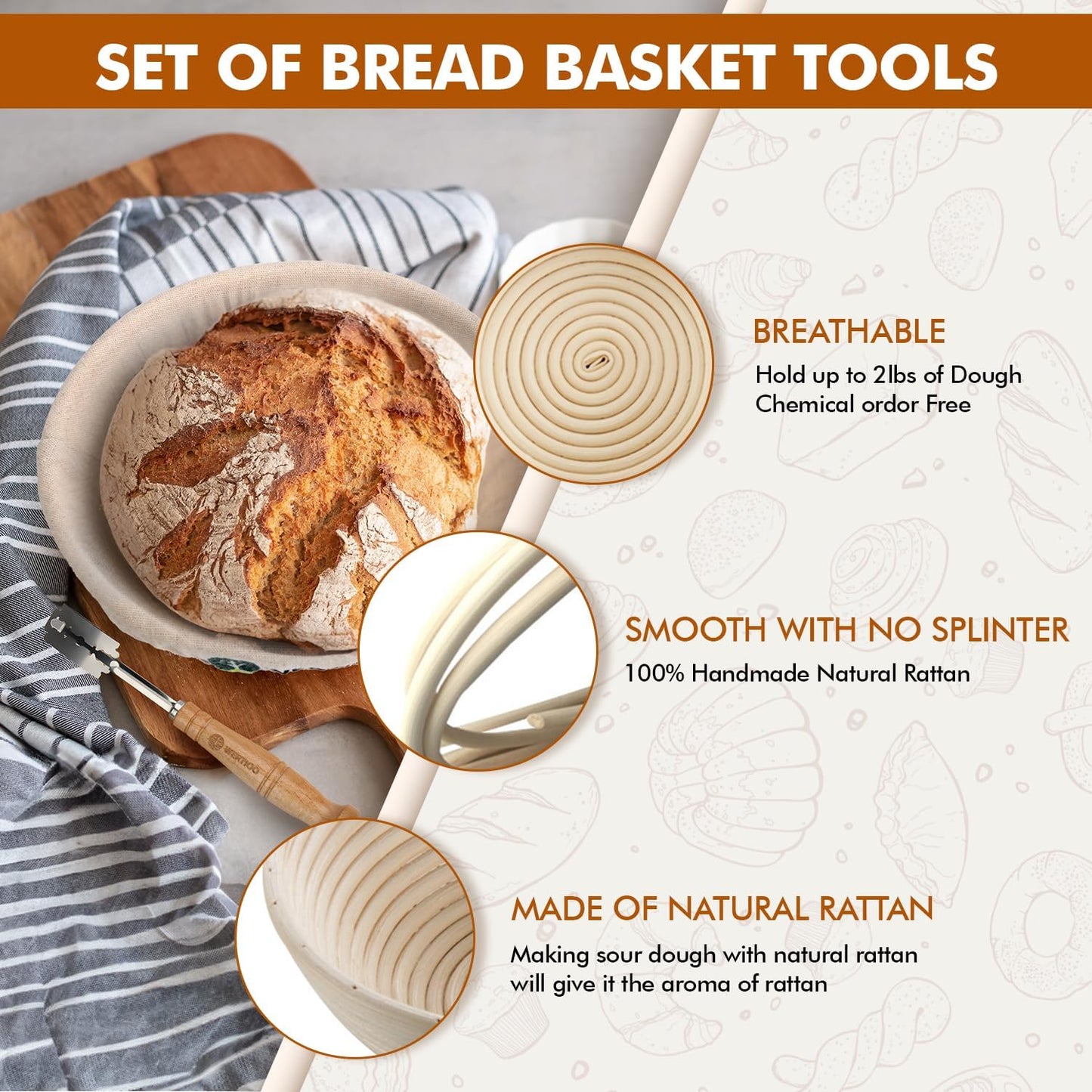 Banneton Bread Proofing Basket Set of 2, 9 Inch Round Sourdough Proofing Basket, Sourdough Starter Kit, Sourdough Bread Baking Supplies with Dough Scraper, Danish Dough Whisk, Bread Lame, Bowl Scraper