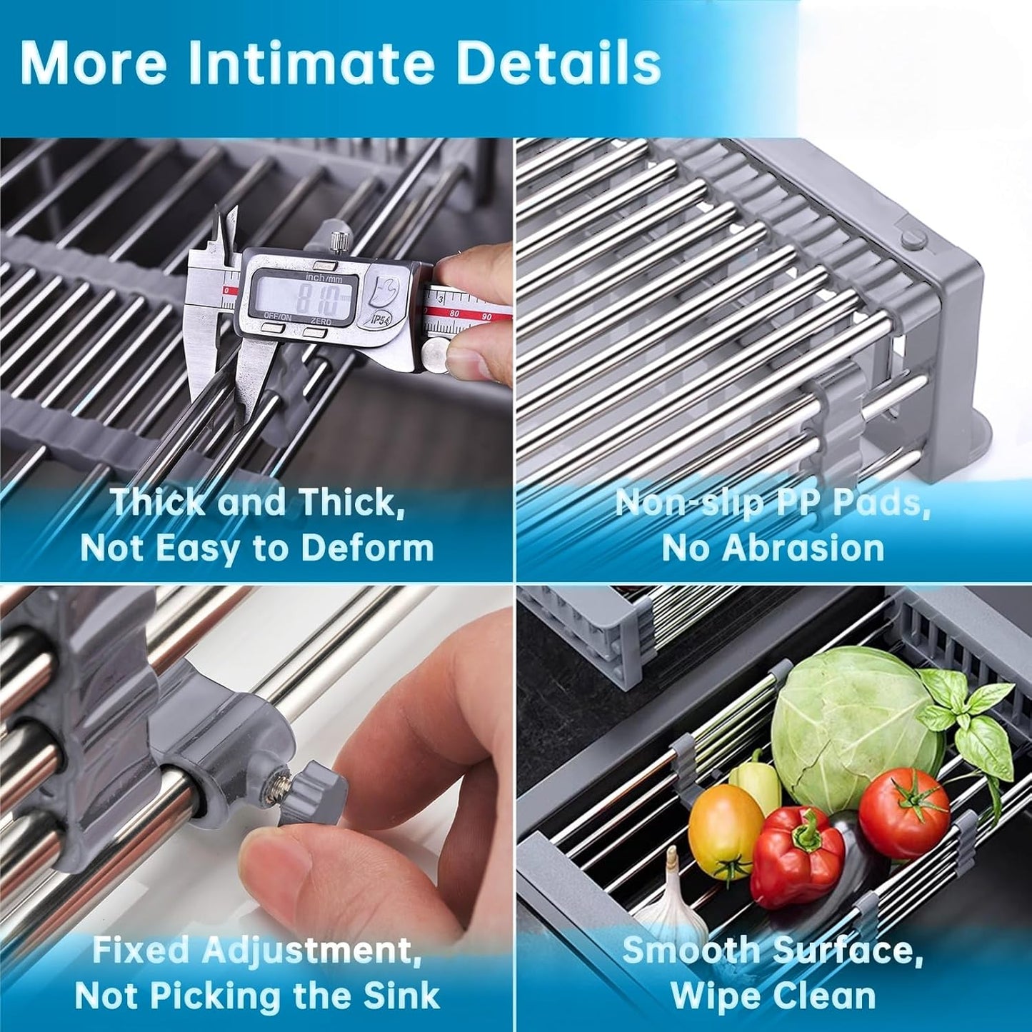 Over The Sink Dish Drying Rack, Stainless Steel Expandable Telescopic Drain Basket with Adjustable Arms - Functional Kitchen Sink Organizer for Dishes, Vegetables & Fruits (Large, Black)