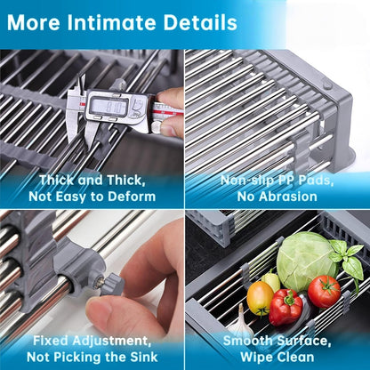 Over The Sink Dish Drying Rack, Stainless Steel Expandable Telescopic Drain Basket with Adjustable Arms - Functional Kitchen Sink Organizer for Dishes, Vegetables & Fruits (Large, Black)