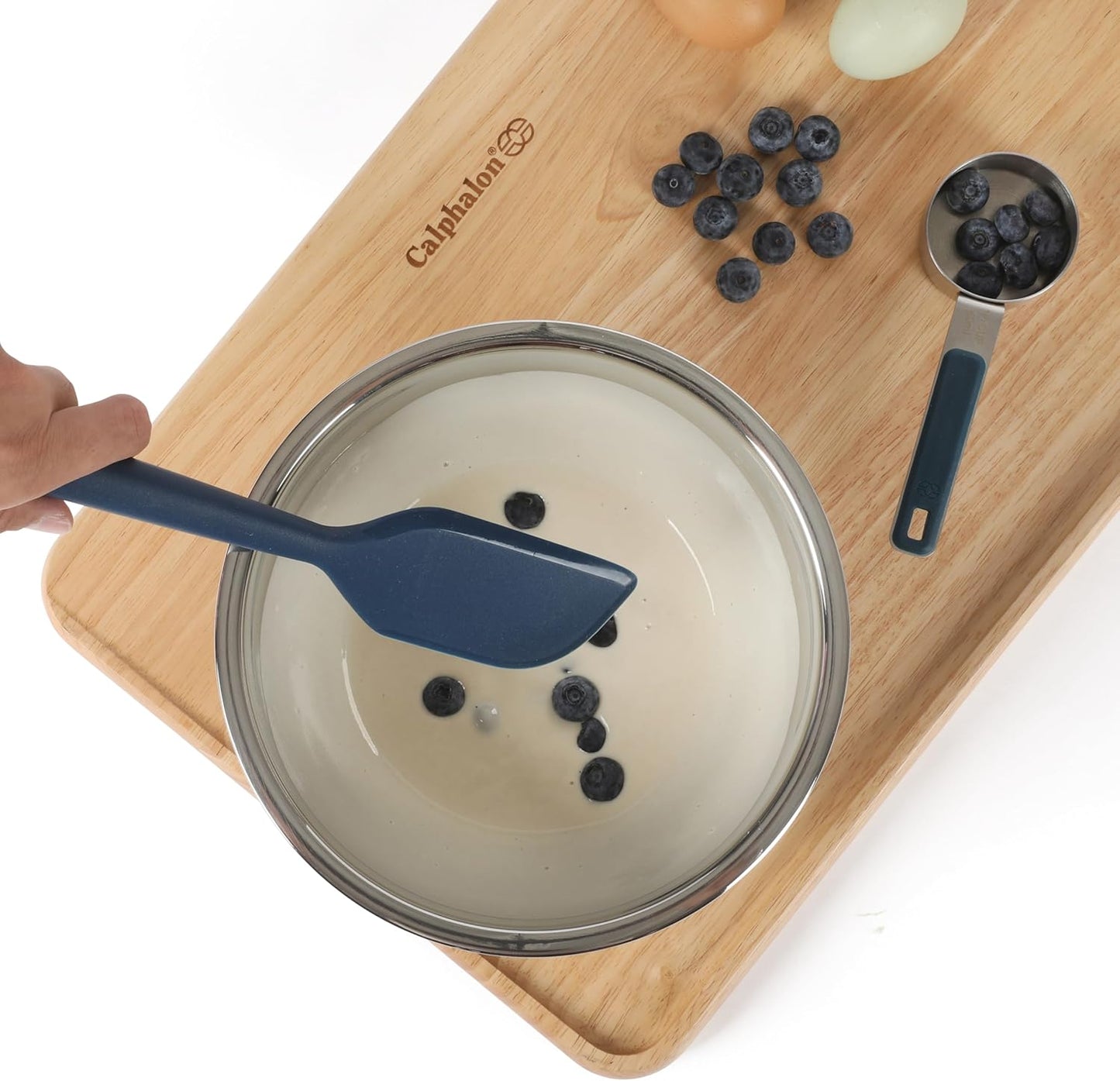 Calphalon Prime 7 Piece Silicone and Teak Wood Kitchen Tool & Gadget Set with Navy Blue Silicone Rim, Durable Heat Resistant Cooking Utensil Set for Stirring, Flipping, Serving