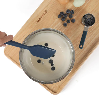 Calphalon Prime 7 Piece Silicone and Teak Wood Kitchen Tool & Gadget Set with Navy Blue Silicone Rim, Durable Heat Resistant Cooking Utensil Set for Stirring, Flipping, Serving