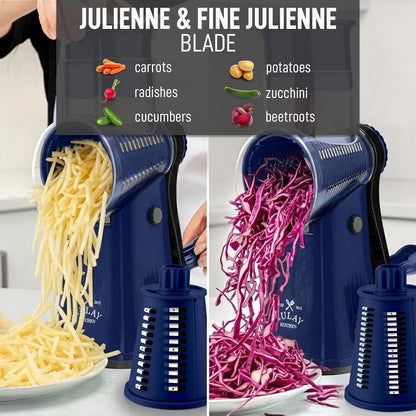 Zulay Kitchen Rotary Cheese Grater 5 Blade Cheese Shredder - Manual Hand Crank Cheese Grater With Reinforced Suction & 5 Interchangeable Drums - Easy to Use, Vegetable Chopper Round Mandoline Slicer - Colors B