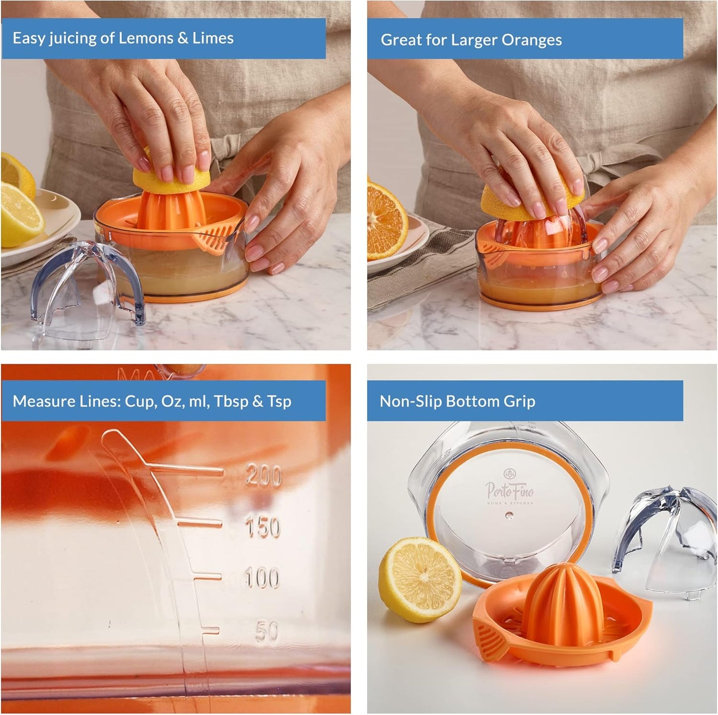 PortoFino Citrus Juicer, Lemon Squeezer, Orange Juicer, Manual Hand Juicer with Built-in Measuring Cup and Strainer, Space Saving Design, Pulp Control, Dishwasher Safe, 8oz