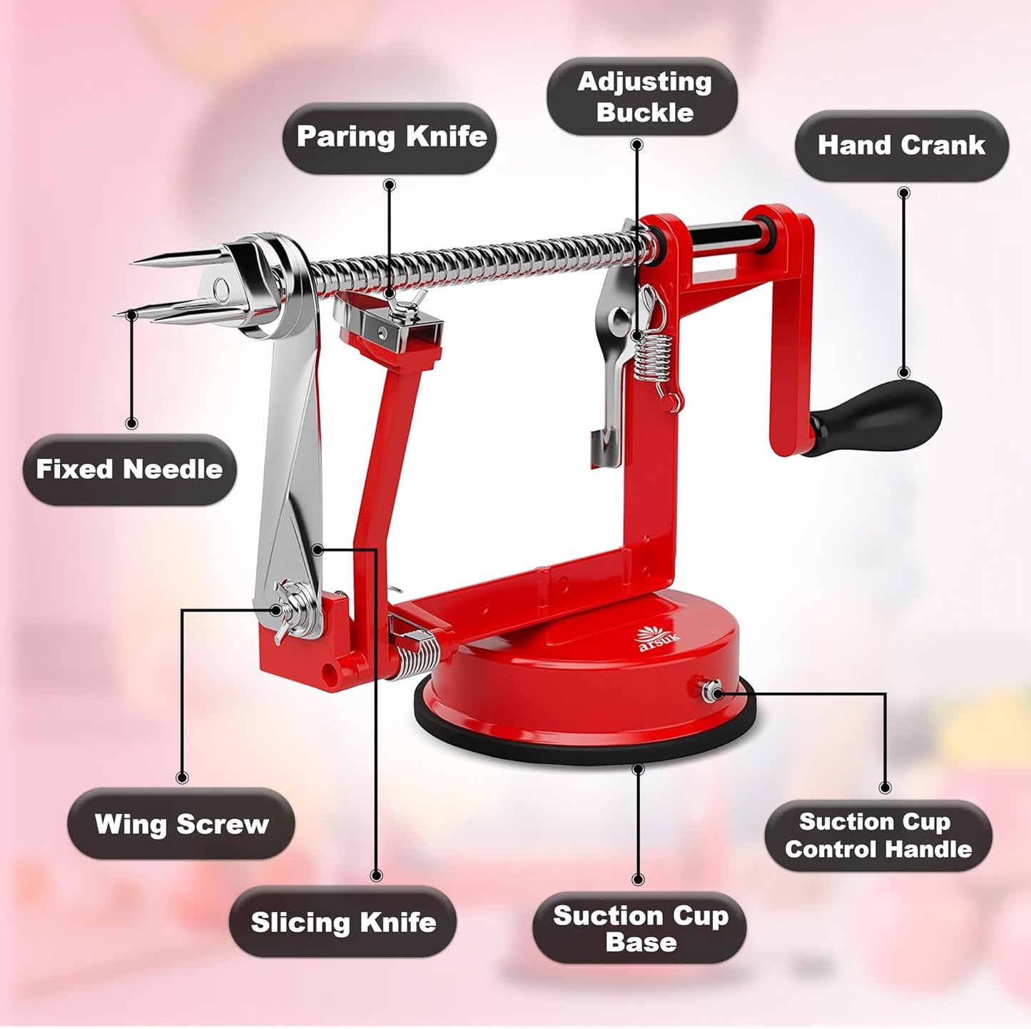 ARSUK Apple Peeler Corer Slicer with Suction Base – 3-in-1 Heavy Duty Cast Iron Hand Crank Machine for Potatoes & Pears – Stainless Steel Blades, Adjustable Arm, Quick Peeling & Spiral Slicing Tool