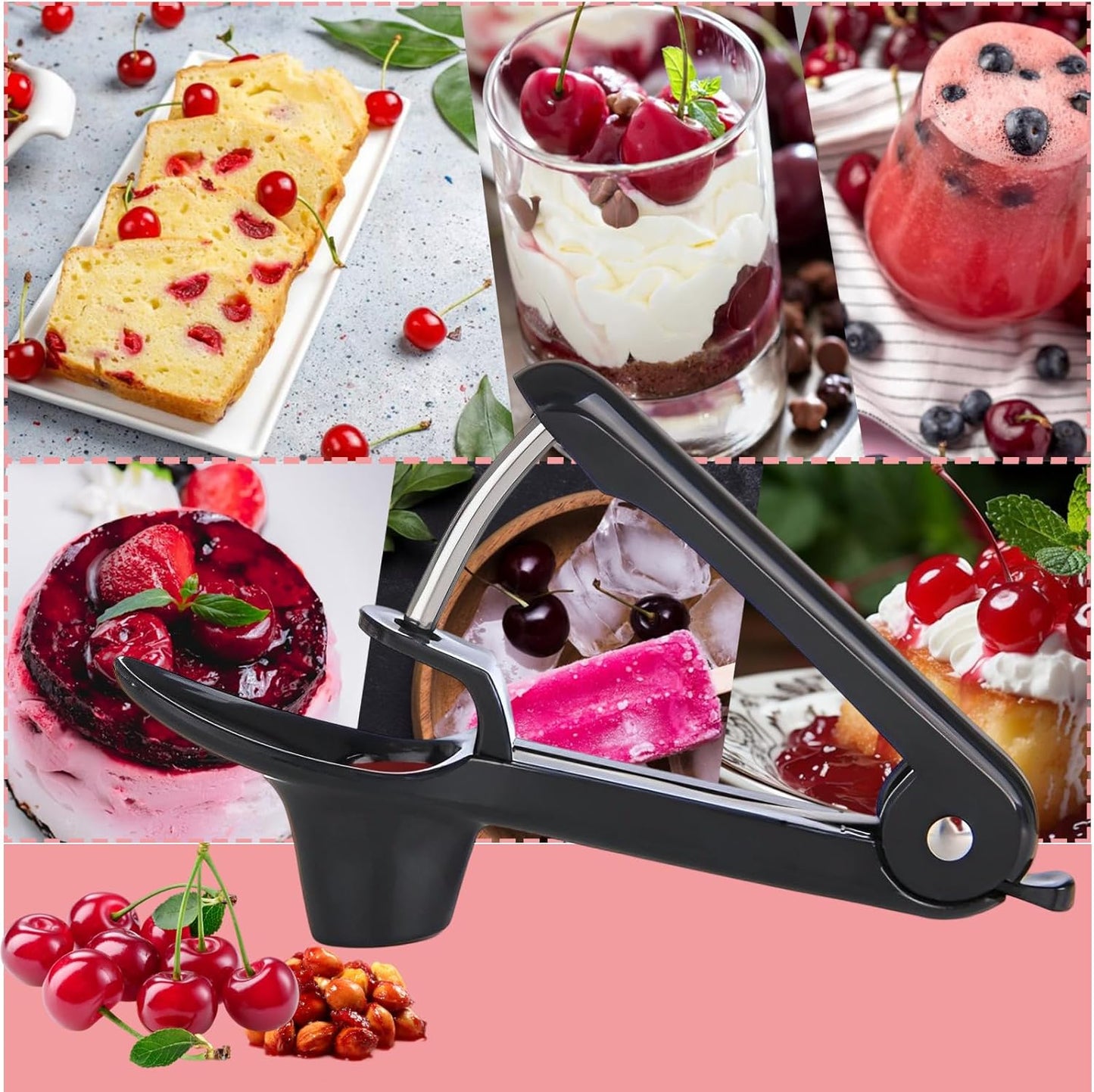 Cherry Pitter-Jusanice Stainless Steel Cherries Corer Pitters Tool with Hand-held Push Design, Save Time & Space for Making Cherry Jam with Lock Design (Black)