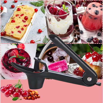 Cherry Pitter-Jusanice Stainless Steel Cherries Corer Pitters Tool with Hand-held Push Design, Save Time & Space for Making Cherry Jam with Lock Design (Black)