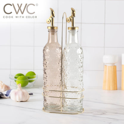 COOK WITH COLOR Glass Olive Oil Bottle Dispenser - 2 Pack- 17oz Oil and Vinegar Cruet - Olive Oil Carafe Decanter for Kitchen, Elegant Waves, Clear
