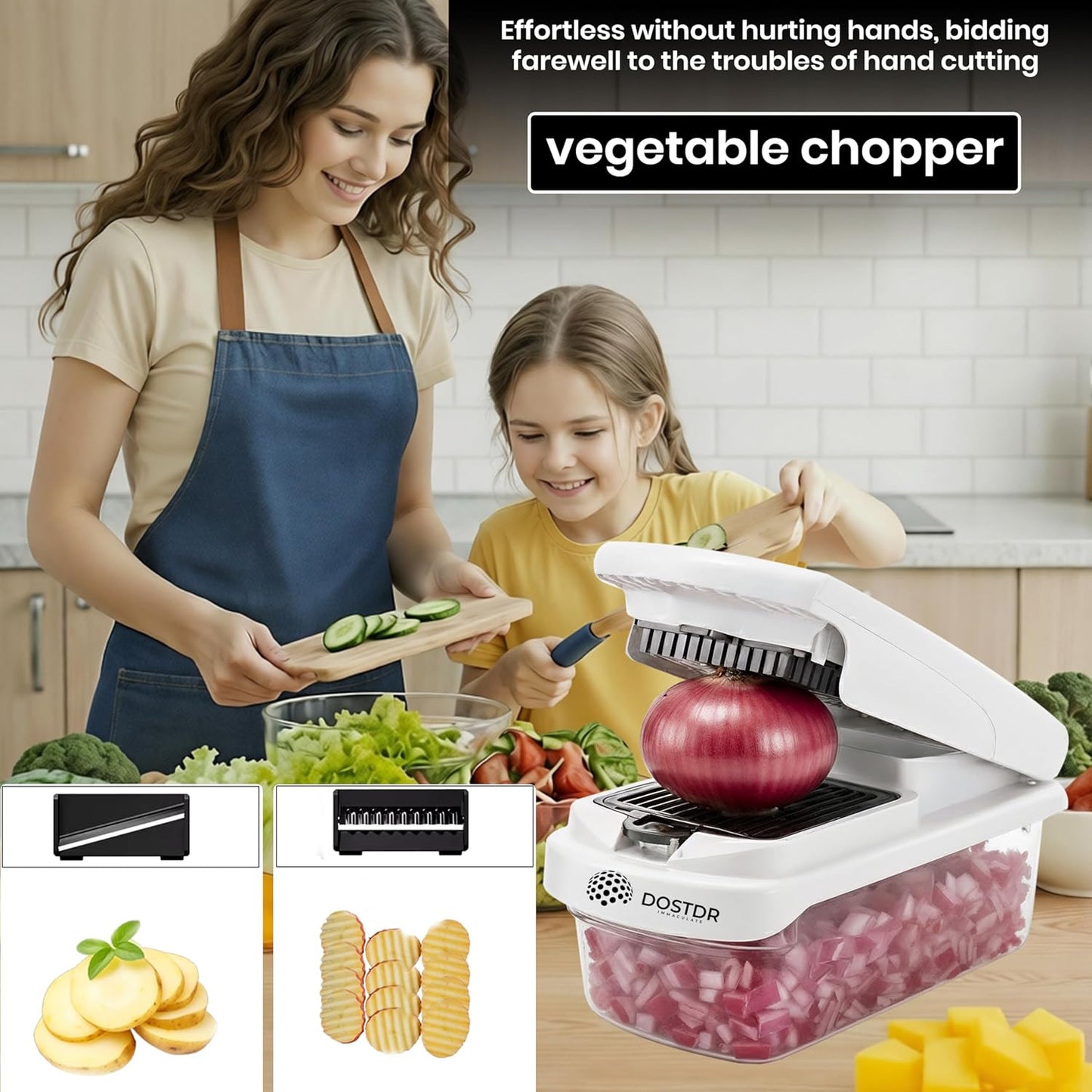 Compact Premium Vegetable Chopper, Mandoline Slicer, Veggie Chopper Food Chopper Container, Vegetable Cutter, Onion Salad Vegetable Chopper, Fruit Slicer, Shredding (White & Black)