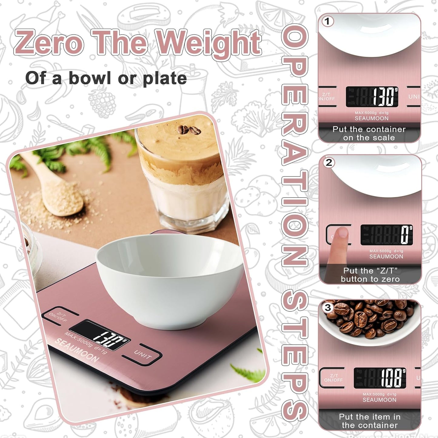 Food Scale Kitchen-Scale 11lb/5kg Food Scale for Kitchen Stainless Steel LCD Display Tare Function (g/oz/ml) for Meal Prep Coffee (Batteries Included)