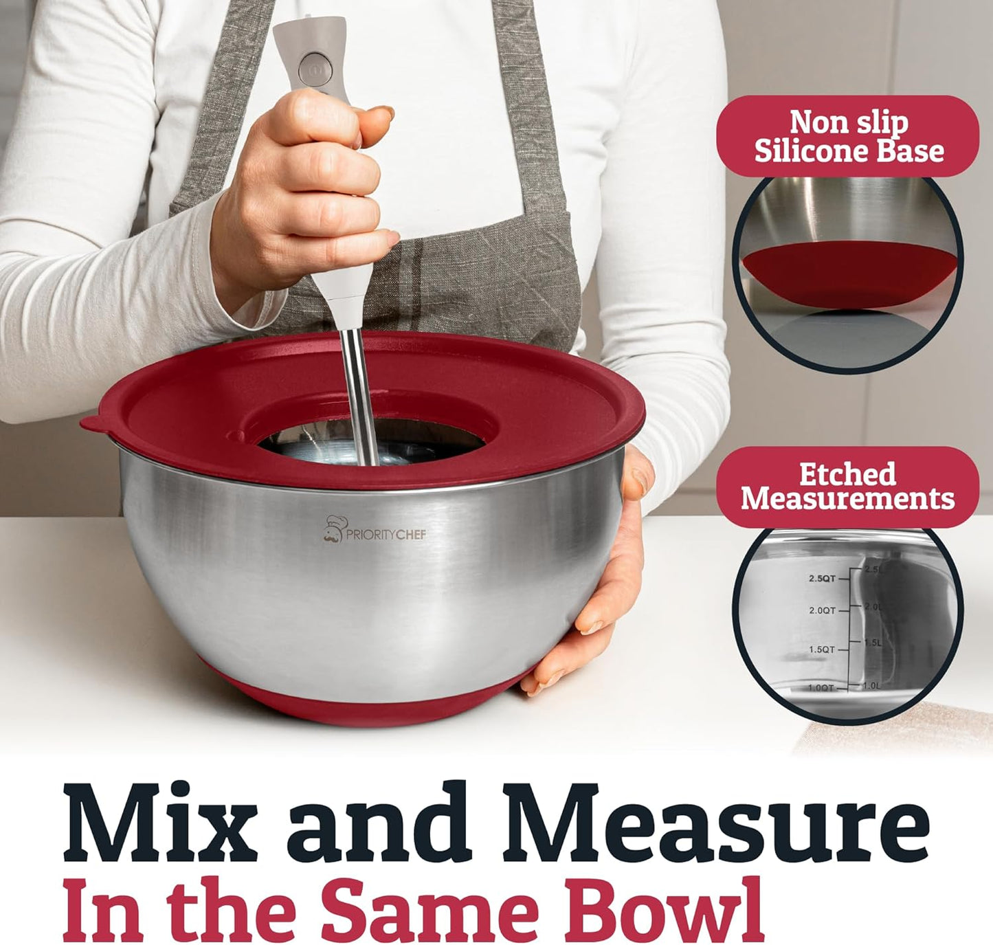 Priority Chef Stainless Steel Mixing Bowls with Lids Set, 3 Grater Attachments, Airtight Lids, Non-Slip Silicone Base Mixing Bowl Set, Large Prep Metal Mixing Bowls for Kitchen, Black