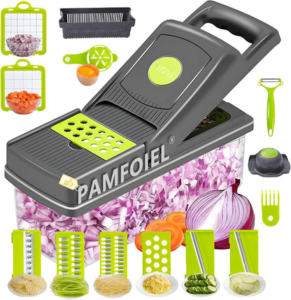 15-in-1 Vegetable Chopper with Container and Lid, Multifunction Food Chopper, Mandoline Slicer, Vegetable Cutter for Onion, Potato, Fruit, Salad Meal Prep, Kitchen Gadget & Home Cooking Essentials