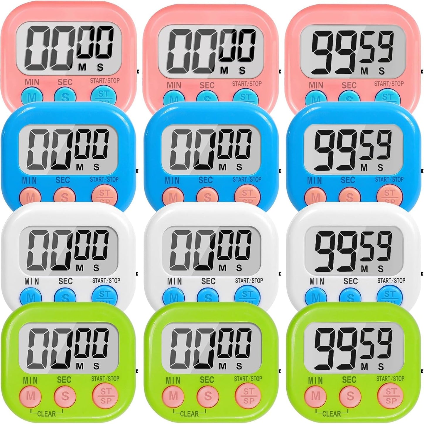 12 Pack Digital Kitchen Timers for Cooking, Loud Alarm Large LCD Display Magnetic Classroom Timers for Teachers Kids, Extensively Use in Classroom, Cooking, Meeting, Gym