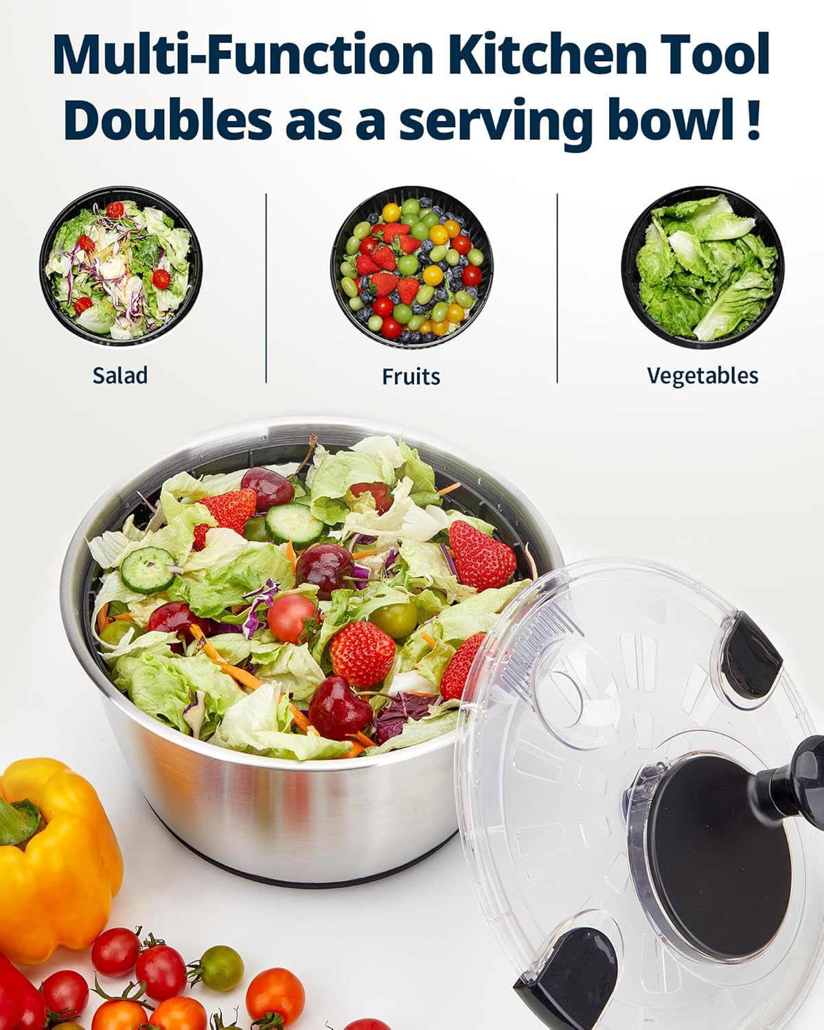 Stainless Steel Salad Spinner, 6.34Qt Large Lettuce Dryer, BPA-Free Vegetable & Fruit Washer with Drain, Easy Clean, Non-Slip Base, Transparent Lid