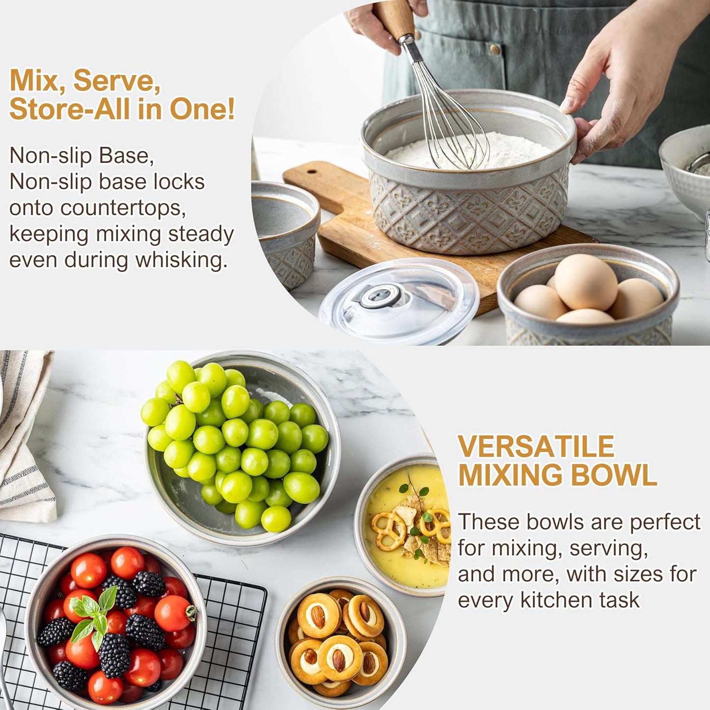 40 Oz Ramekins Ceramic Airtight Bowls Set of 4 - Large Mixing Bowls with Lids Set for Salad, Pho, Soup, Pasta, Dessert, Serving, Oatmeal, Baking Dishes, Dishwasher & Microwave Safe, Beige
