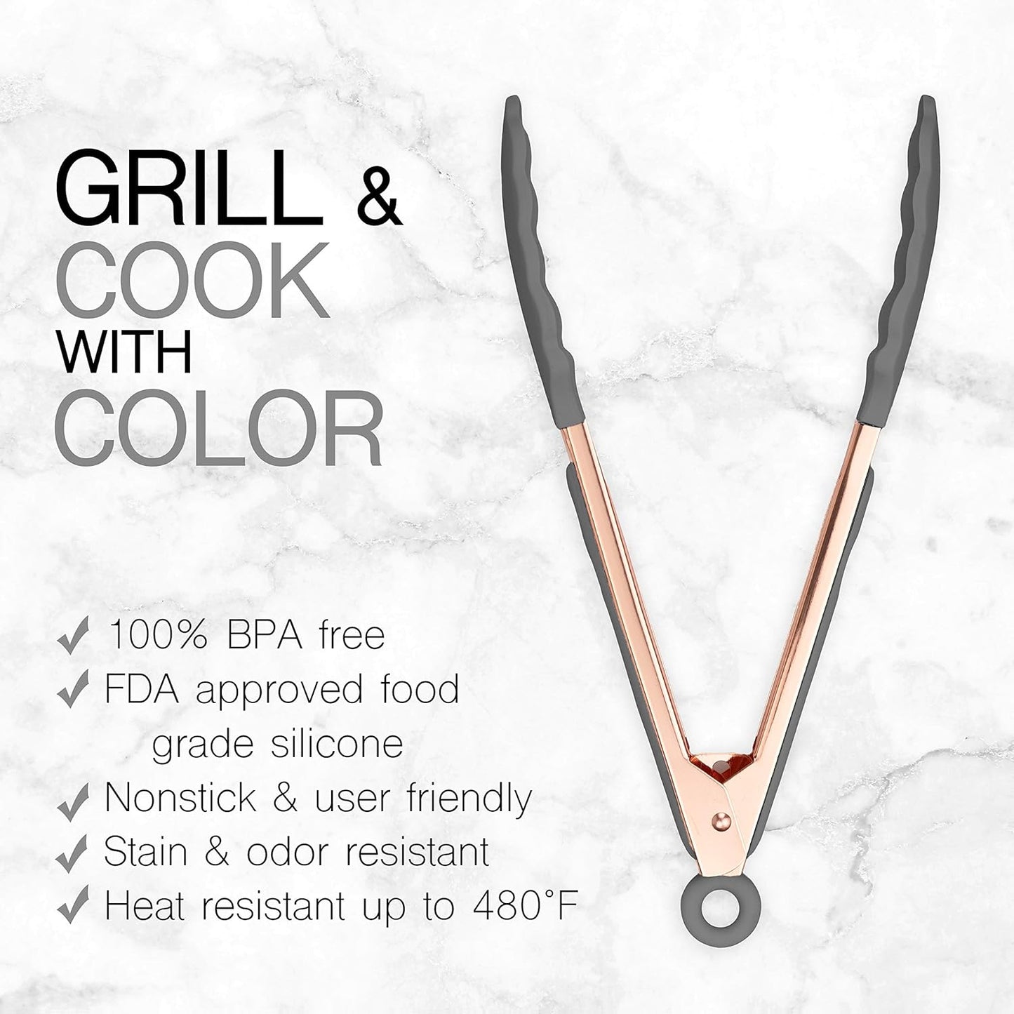 COOK WITH COLOR Stainless Steel Silicone Tipped Kitchen & BBQ Tongs Set, 3 Pc Utensils, Grey