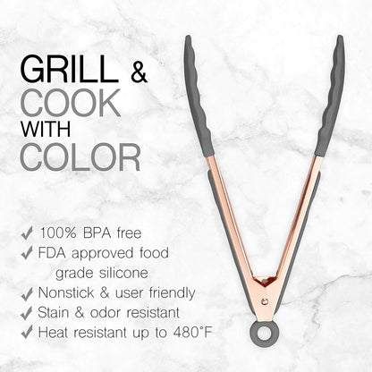 COOK WITH COLOR Stainless Steel Silicone Tipped Kitchen & BBQ Tongs Set, 3 Pc Utensils, Grey