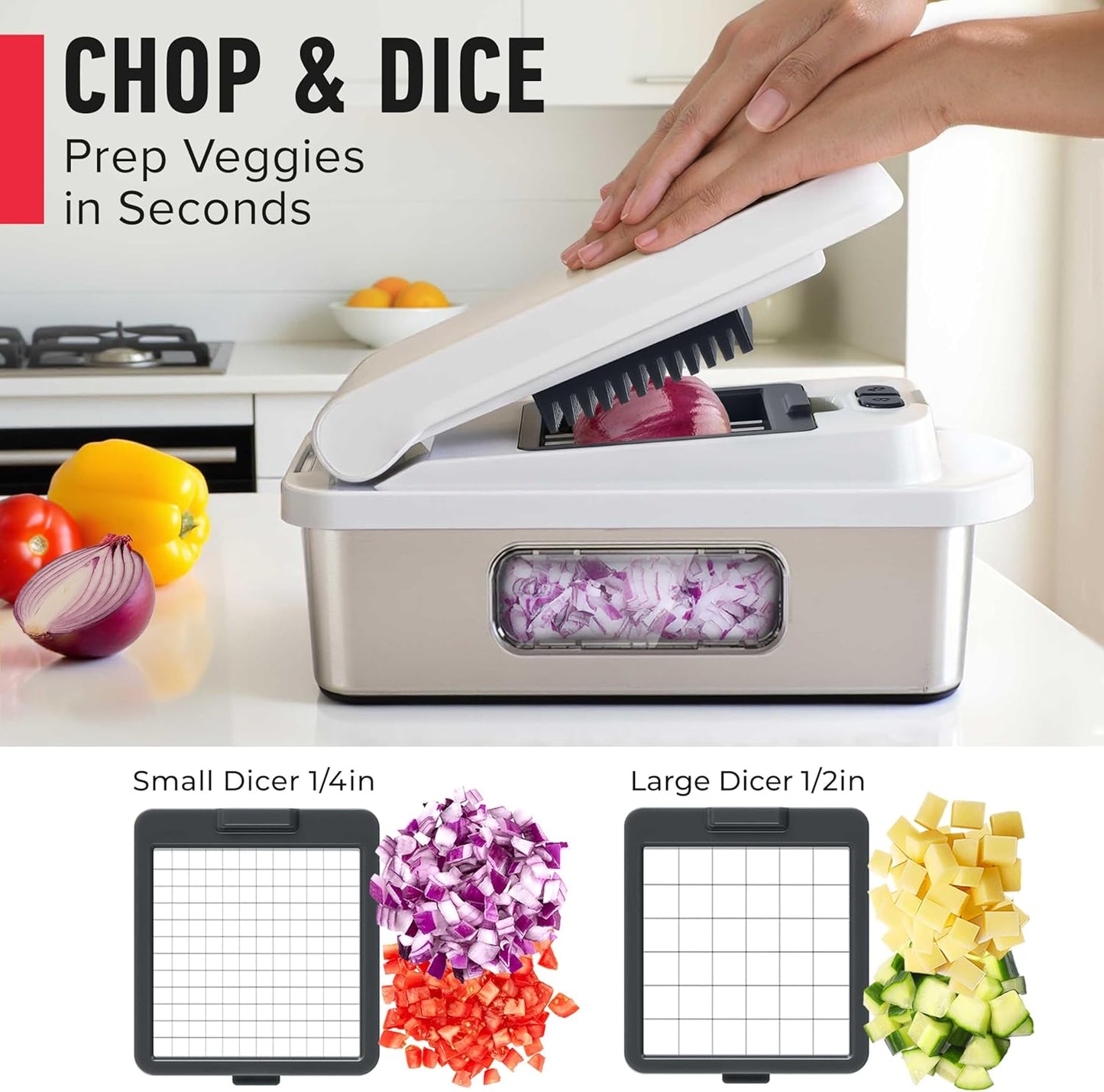 Mueller Pro-Series 10-in-1, 8 Blade Vegetable Chopper, Onion Mincer, Cutter, Dicer, Egg Slicer with Container, French Fry Cutter Potato Slicer, Home Essentials, Salad Chopper White Sand/Green