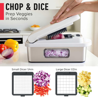 Mueller Pro-Series 10-in-1, 8 Blade Vegetable Chopper, Onion Mincer, Cutter, Dicer, Egg Slicer with Container, French Fry Cutter Potato Slicer, Home Essentials, Salad Chopper White Sand/Green