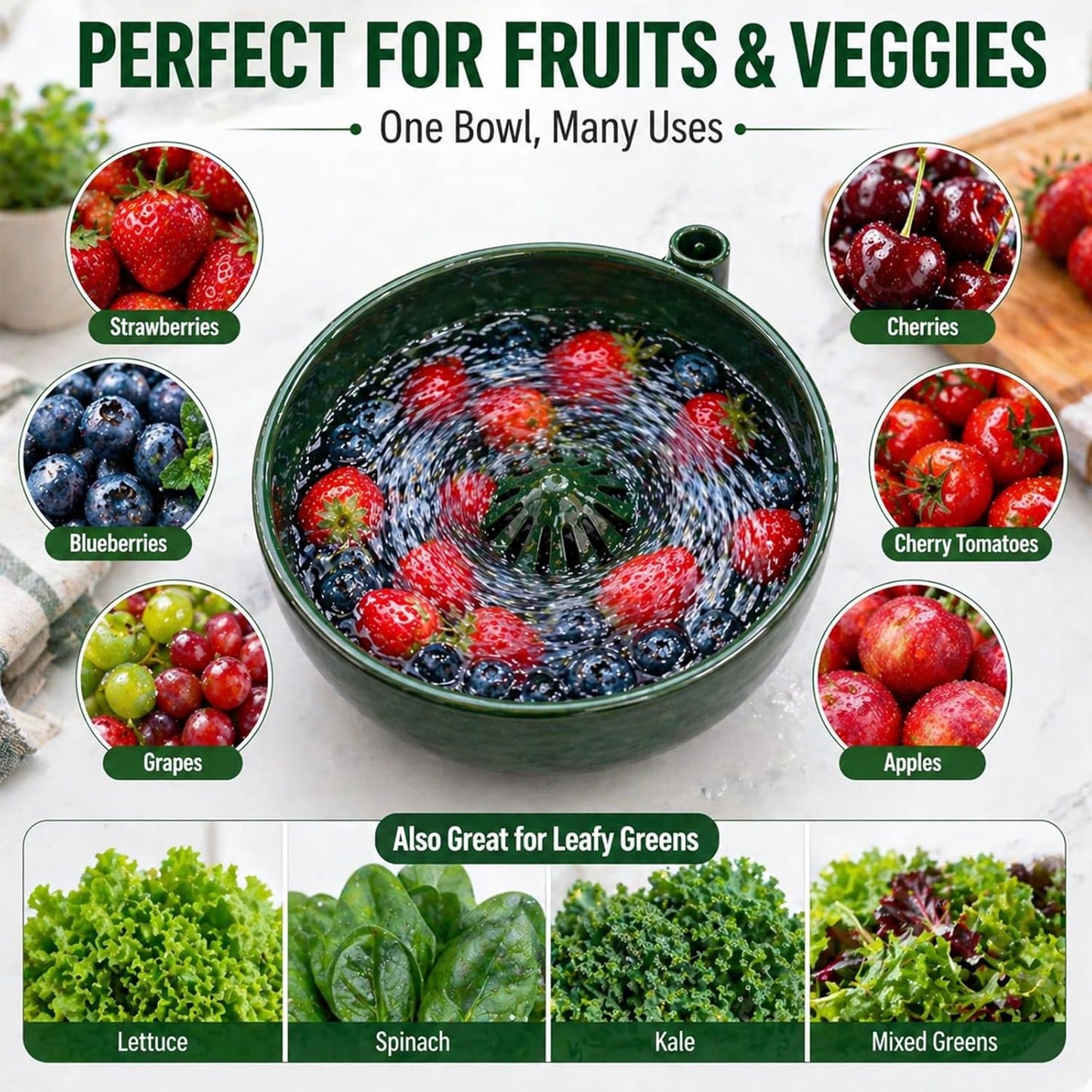 Self Spinning Berry Washing Bowl, Fruit & Vegetable Washer with Drain, 360° Vortex Cleaning, Rapid Wash Multipurpose Kitchen Colander, Multipurpose Kitchen Strainer Bowl (1)