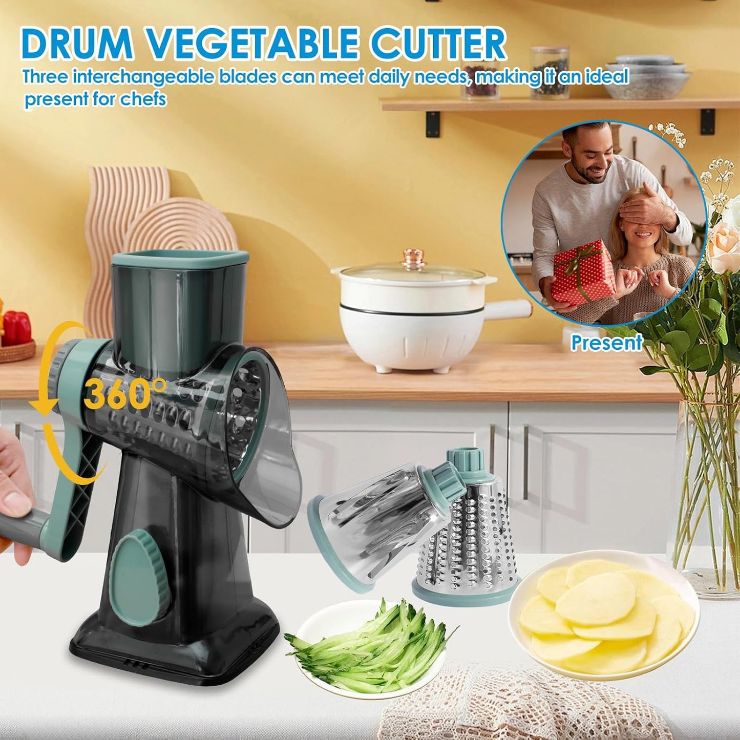 Rotary Cheese Grater with Handle, Shredder Slicer Grinder 3 Stainless Steel Blades Manual Cheese Cutter Hand Crank Graters for Kitchen Potato Zucchini Carrot Potato Vegetable Nuts Chocolate