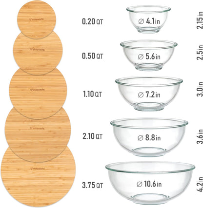 Set of 5 Nesting Glass Bowls with New Updated Acacia Lids for Foodprep, Storage, Mixing & Cooking - Microwave & Oven-ready BPA Free Durable Heat Resistant Inert Borosilicate Glass