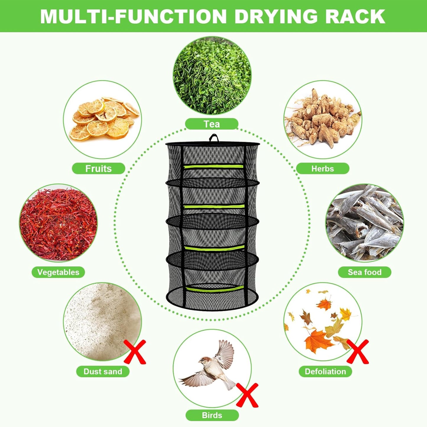 MEKOLIFE Herb Drying Rack Hanging-8 Layer, Collapsible Large Capacity Mesh Net with Green Zipper, Hooks & Bonus Garden Scissors, for Fresh Herbs/Flowers/Plants, Indoor Outdoor Use (23.62")