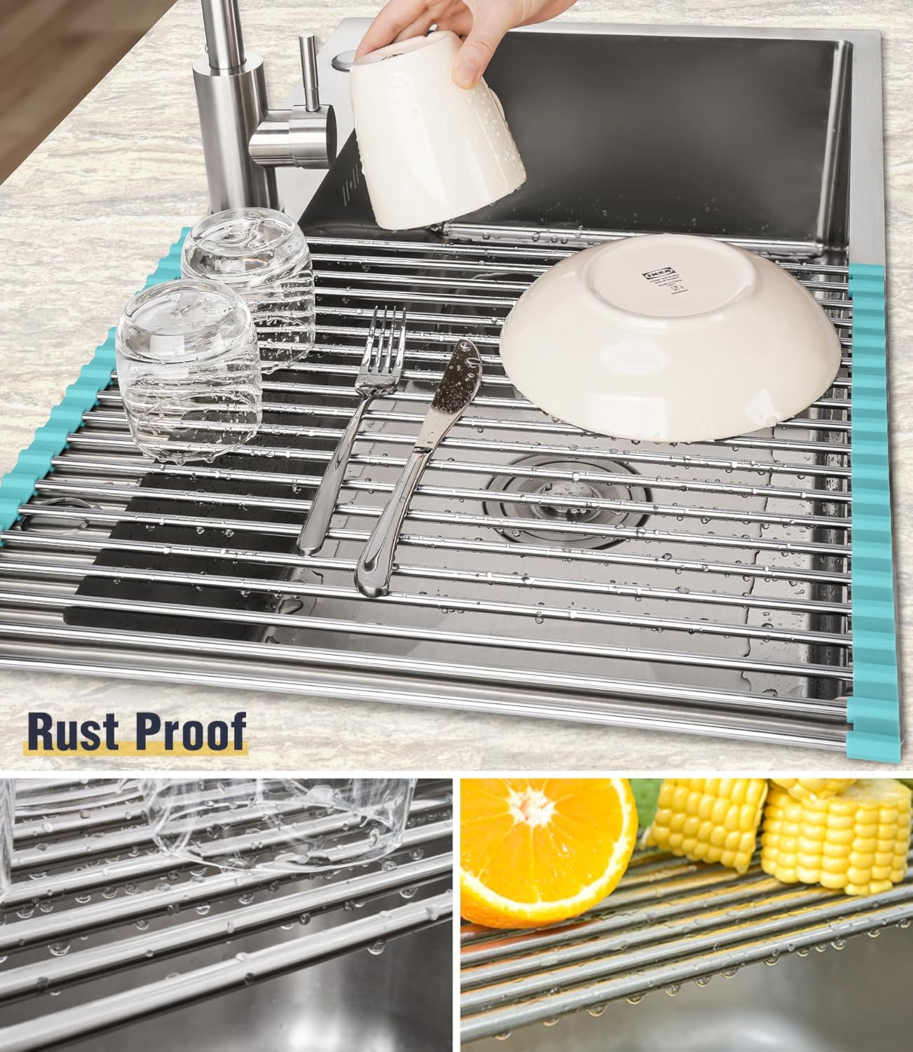 Tomorotec 17.7" x 15.5" Roll Up Dish Drying Rack Over Sink Drying Rack Sink Cover Kitchen Sink Accessories Gadget Multipurpose Organizer Foldable Stainless Steel Drainer