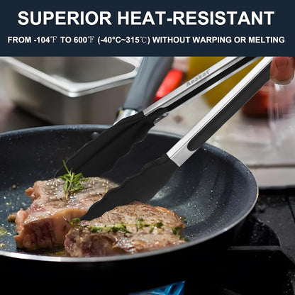 Anaeat Non-Stick Silicone Locking Tong Set of 3 - Stainless Steel 7", 9", 12" Kitchen Food Tongs with Non-Slip Silicone Tips and Grip for Cooking, Baking and BBQ - Heat Resistant up to 480°F (Black)